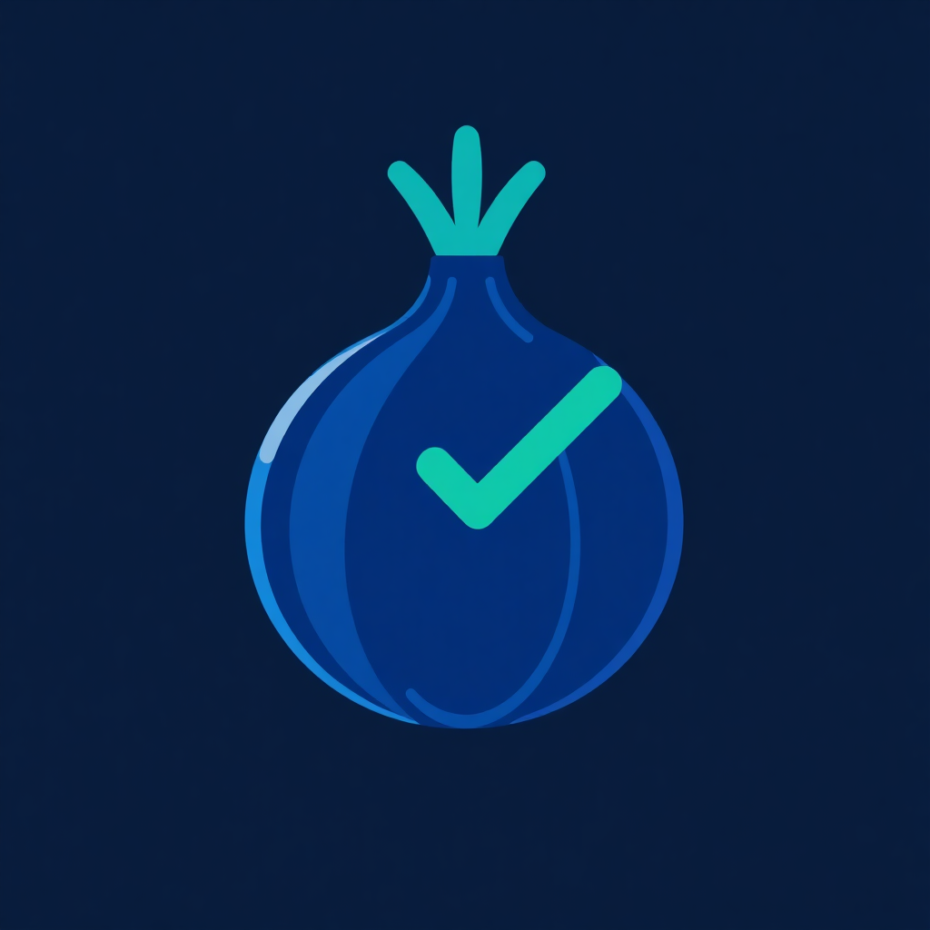 Onion link icon, a stylized blue onion with a checkmark symbol